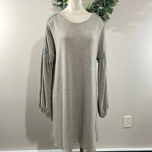 Easel Boho Oversized Long Sleeve Balloon Sleeve Taupe Sweater Dress S